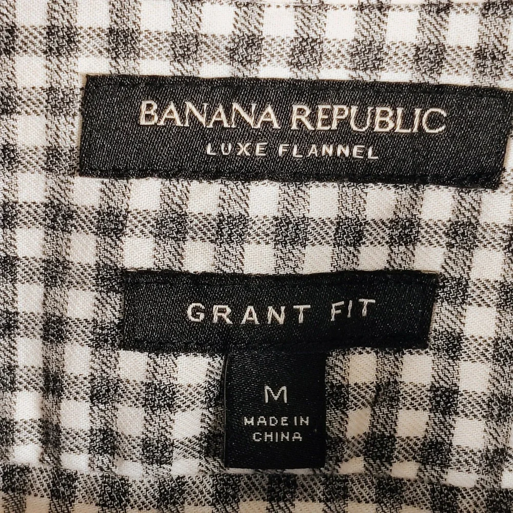 Banana Republic Men's Luxe Flannel Grant Fit Gingham Shirt Grey White Medium
